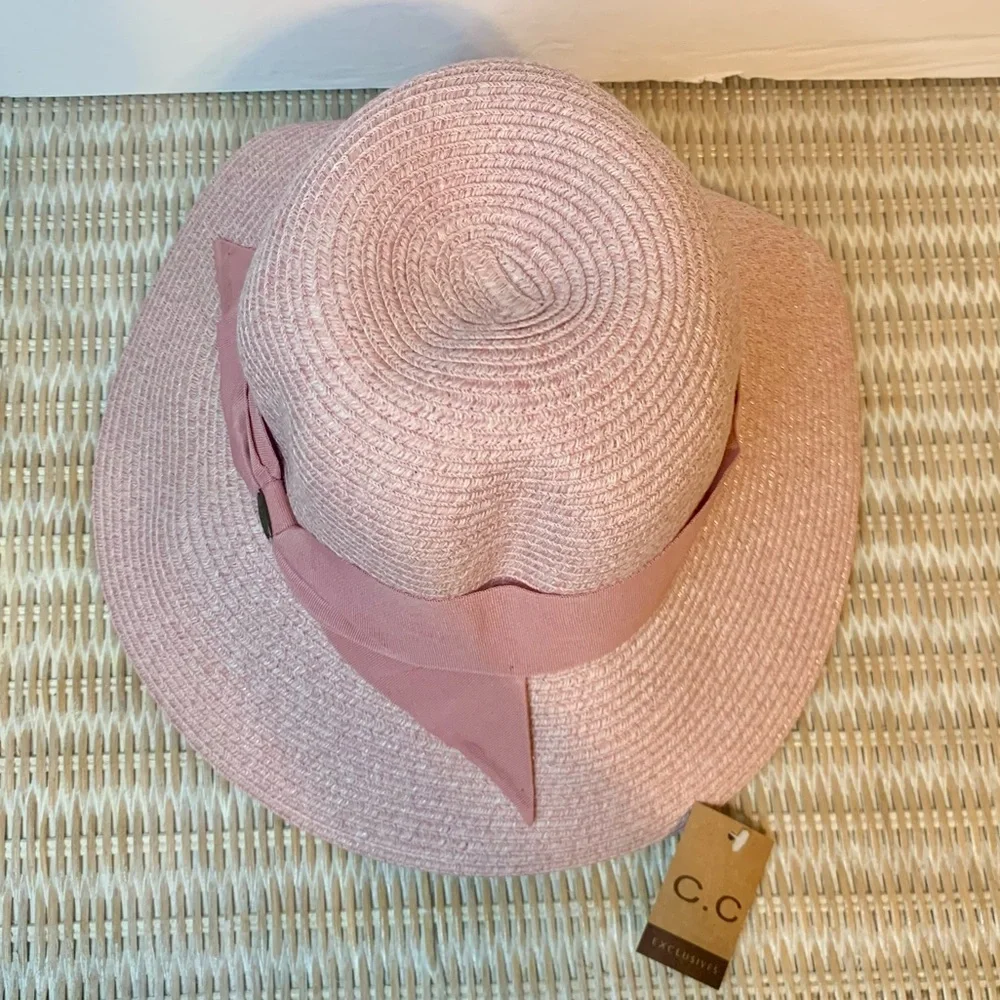 NWT C C Exclusives Straw Floppy Sun Hat Pink One Size